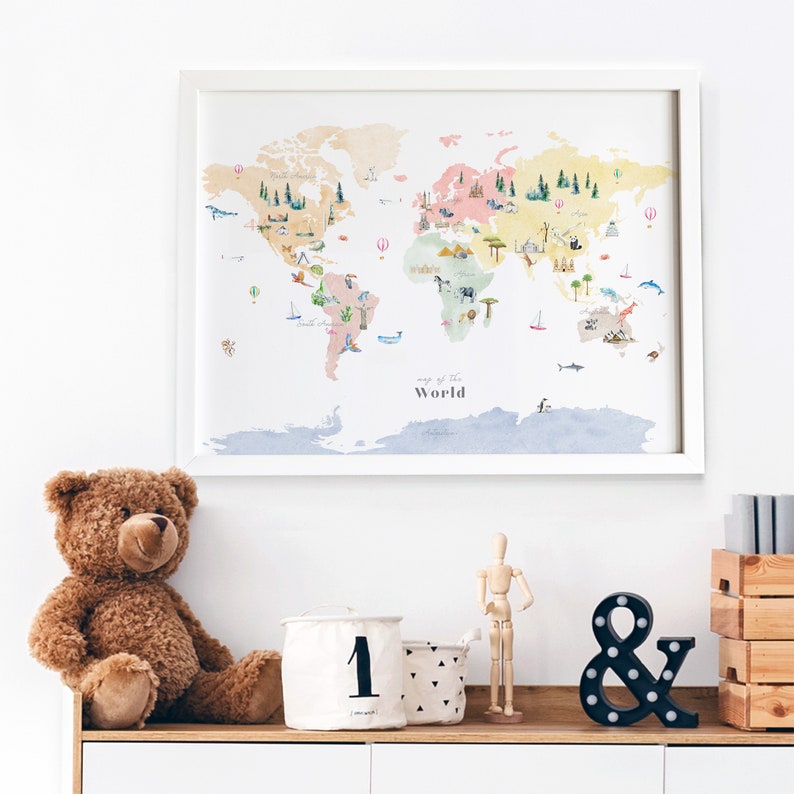 Illustrated Multicolor World Map Printable Nursery Decor Etsy
