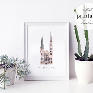 Chartres Cathedral Printable, illustration, wall art print, nursery decor, french landmark, France, french, kids room, travel, watercolor