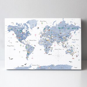 Lerne die Weltkarte als Kindermotiv Reise Wand Kunst | Kinder Weltkarte | Kinderzimmer Wand Dekor | Aquarell Weltkarte | Die Welt der Tiere