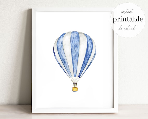 Blue Hot Air Balloon Printable Illustration Wall Art Print | Etsy