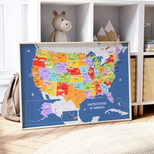 Kids Educational United States Map Printable | USA Map | Kids Room Decor | travel print, map art, wall map, usa map, states, america