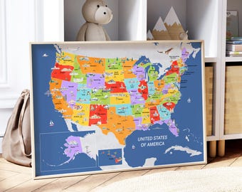 USA Map Art Print: Watercolor United States Map for Kids (Digital Download)