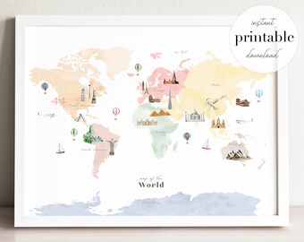 Colorful Landmarks World Map Imprimable, impression d’art mural, décor de crèche, chambre d’enfants, impression de voyage, dessin, art cartographique, carte murale, continents