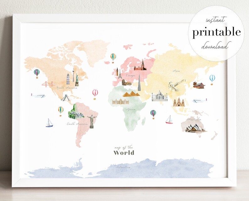 Colorful Landmarks World Map Printable Wall Art Print Etsy