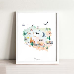 Polen illustrierte Karte Art Print, Landkarte Aquarell Reisekunst, Landkarte Poster für Kinderzimmer, Fernweh, Landkarte