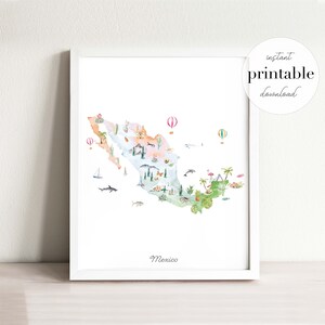 Mexiko illustrierte Karte, Kunst Druck, Wand Kunst, Kinderzimmer Dekor, Sehenswuerdigkeiten, Kinderzimmer, Kunst, Zeichnung, Tier Karte, Landkarte
