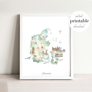 Dänemark illustrierte Karte Druckbare, Wand Kunst Druck, Kinderzimmer Dekor, Sehenswuerdigkeiten, Kinderzimmer, Zeichnung, Tier Karte, Landkarte