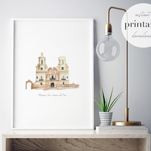 Mission San Xavier del Bac Printable, Illustration, Wandkunstdruck, USA Sehenswürdigkeit, Reisedruck, Wahrzeichen, Tucson, Arizona, Wohnkultur