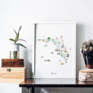 Mapa ilustrado del estado de Florida, impresión de arte de pared, decoración de guardería, arte de pared de guardería, póster de mapa del estado, mapa de viaje de EE. UU., habitación de niños, decoración de mapas