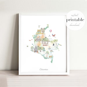 Kolumbien illustrierte Karte Druckbare, Wand Kunst Druck, Kinderzimmer Dekor, Sehenswuerdigkeiten, Kinderzimmer, Zeichnung, Tier Karte, Landkarte