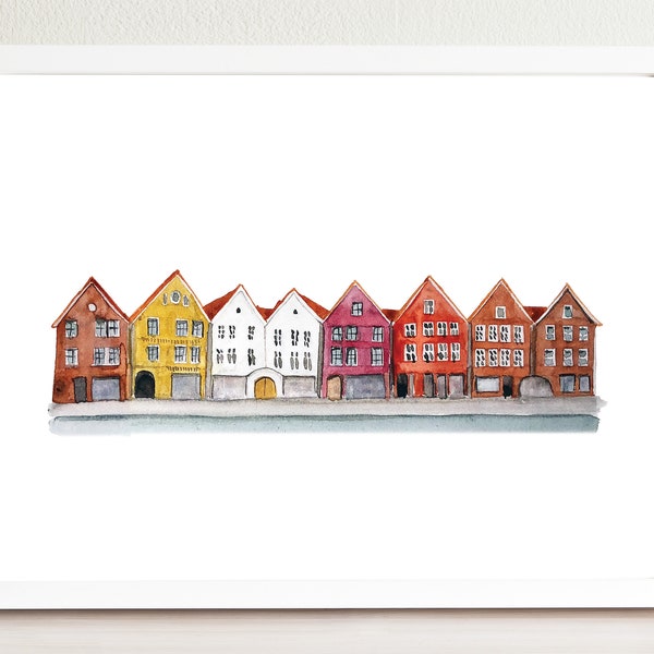 Norway Bryggen Waterfront Illustrated Art Print | Norway | Travel Art Print | Street Drawing | Norway Travel Print | Scandinavian Decor