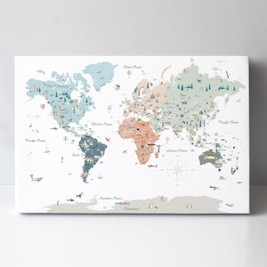 Mapa del mundo educativo en lienzo con colores neutros escandinavos, arte mural de viajes, mapa del mundo para niños, decoración de pared para guardería, mapa del mundo en acuarela