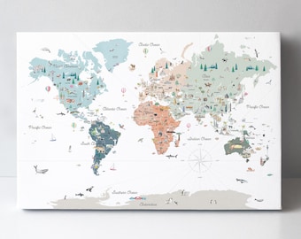 Educational World Map Canvas with Countries, Borders, and Landmarks World Map: Scandinavian, Nursery Decor, Educational Wall Art