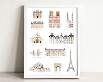 France Landmarks Art Print Illustrated, watercolor nursery decor for kids rooms, nursery art, wanderlust travel wall art, Paris eiffel tower