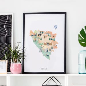 Bosnien und Herzegowina illustrierte Karte, Kunstdruck, Wand, Dekoration, sehenswürdigkeiten, Reise Druck, Zeichnung, Tierkarte, Landkarte