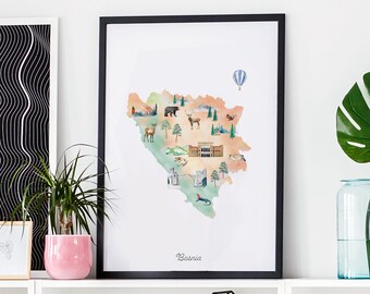 Bosnia and Herzegovina Map Print: Watercolor Landmarks & Animals (Digital Download)