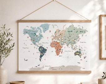 Reference World Map Hanging Canvas with Countries, Borders, and Landmarks | Scandinavian Sky | Educational Children's and Nursery Decor