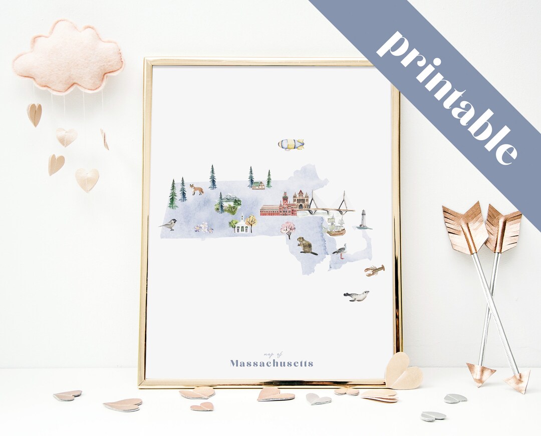 Massachusetts Printable State Map, Illustrated Wall Art Print, Nursery ...
