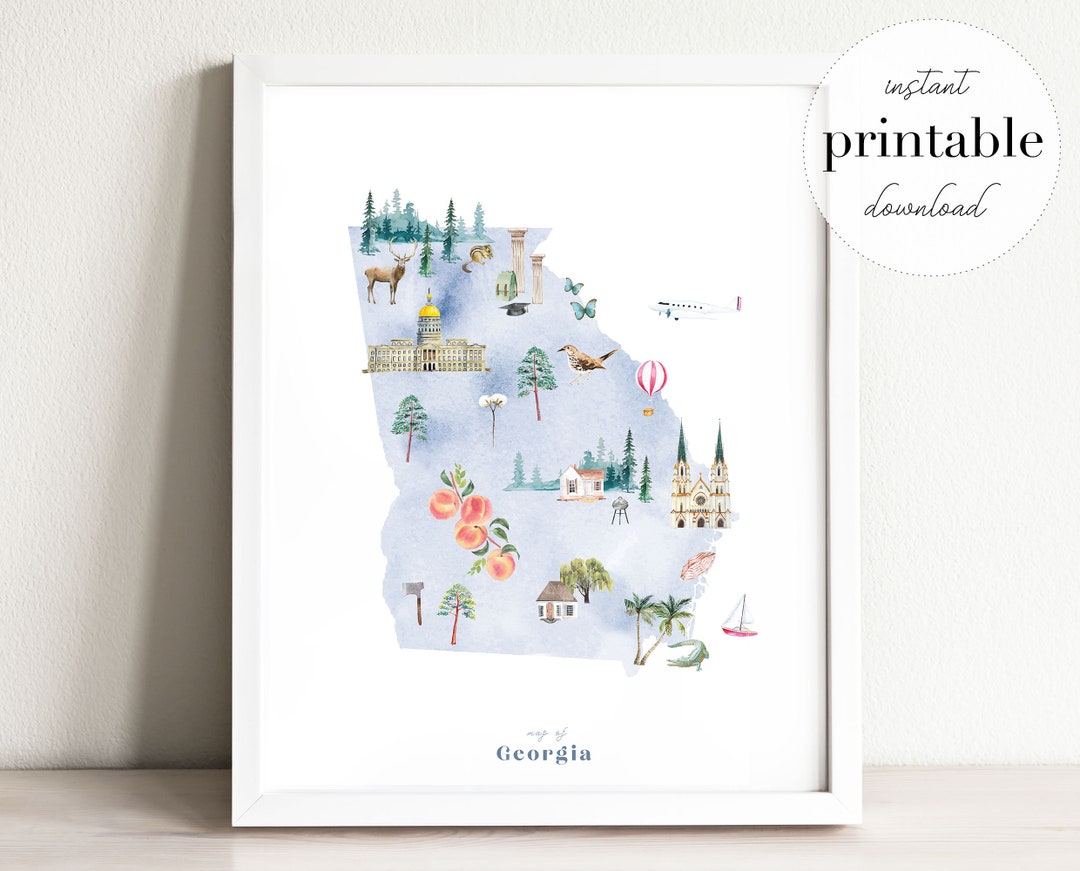 Georgia Printable State Map, Illustrated Wall Art Print, Nursery Decor ...