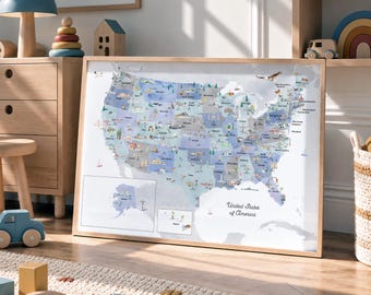 Mappa illustrata invernale degli Stati Uniti con stati, punti di riferimento e animali / Stampa artistica della mappa degli Stati Uniti / Serie di riferimento