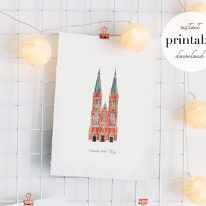 Heuvelse Kirche Druckbar, Illustration, Wand kunstdruck, Kinderzimmer Dekor, holländisches Wahrzeichen, Holland, französisch, Kinderzimmer, Reisekunst, Aquarell