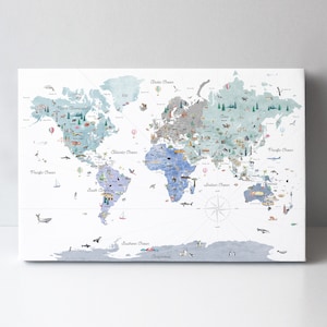 Lernkulissen Coole Töne Weltkarte | Reise Wand Kunst | Kinder Weltkarte | Kinderzimmer Wand Dekor | Aquarell Weltkarte | Die Welt der Tiere