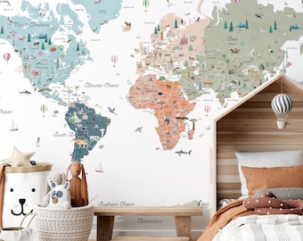 May include: A colorful world map wall decal with illustrations of animals, landmarks, and transportation. The map is divided into continents with names like North America, South America, Europe, Asia, Africa, and Antarctica. The map is on a white wall with a wooden bed frame and a woven basket in the foreground.