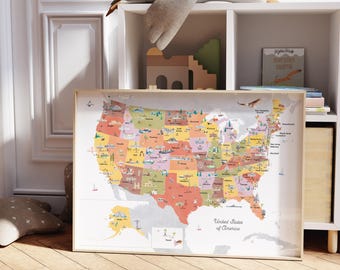 United States Map Art Print: USA Travel Decor Educational Map in Earth Tones