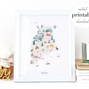 Maine Printable State Map, Illustrated Wall Art Print, Nursery Decor ...