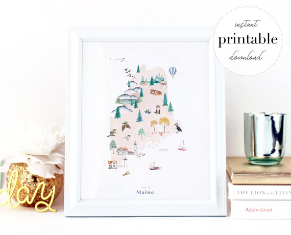Maine Printable State Map Illustrated Wall Art Print Nursery | Etsy