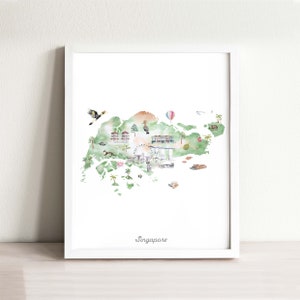 Impression illustrée d'art carte de Singapour, décoration d'intérieur, affiche de voyage, oeuvre d'art pour chambre d'enfant, carte de voyage, impression de carte, art de voyager, carte à l'aquarelle
