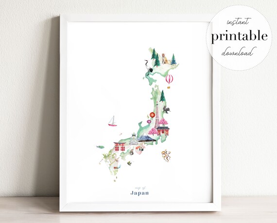 Japan Illustrated Map Printable Wall Art Print Nursery | Etsy