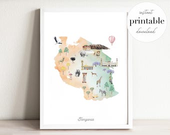 Tanzania Map Print: Watercolor Landmarks, Animals (Digital Download)
