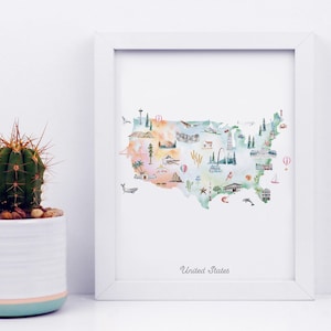 USA Karte, USA Kunstdruck, Poster für Kinder, Weltkarte, Wandbild, Poster, Wandbild, Poster, USA Karte, Aquarell Karte
