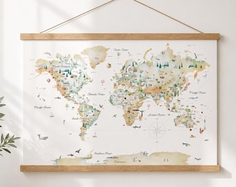 Reference World Map Hanging Canvas | Educational Illustrated World Map | Kids Geography Wall Art | Playroom & Homeschool Decor | Montessori