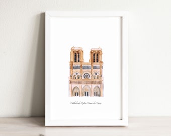 Notre Dame Cathedral Art Print, illustration, wall art print, nursery decor, landmark, france, watercolor, travel, travel print, paris