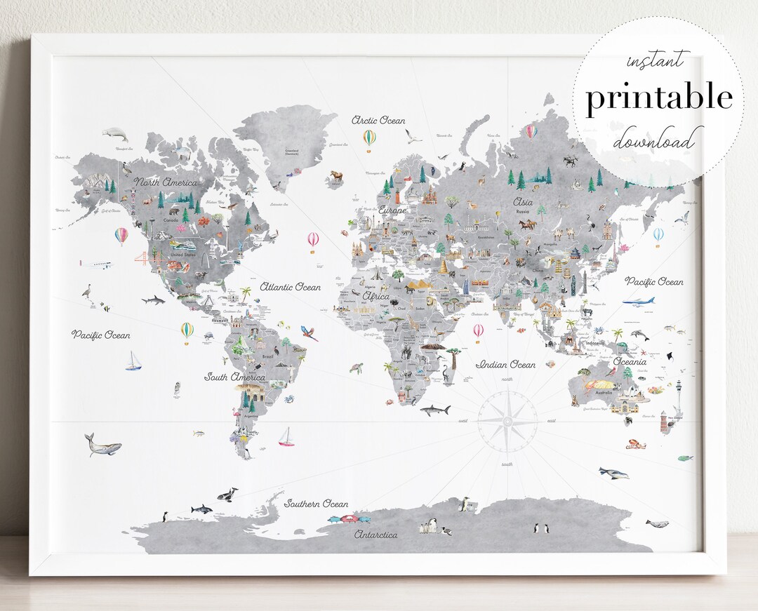 Grey Educational World Map Printable Kids World Map Nursery World Map ...