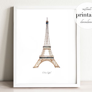 Eiffeltoren Afdrukbaar, illustratie, kunst aan de muur print, home decor, Franse bezienswaardigheden, kinderkamer, reizen print, frankrijk, parijs, aquarel
