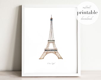 Eiffel Tower Printable, illustration, wall art print, home decor, french landmarks, kids room, travel print, france, paris, watercolor