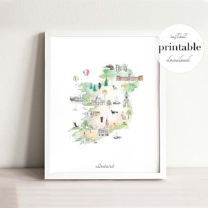 Carte illustrée d’Irlande imprimable, impression d’art mural, décoration de crèche, point de repère, chambre d’enfants, impression de voyage, dessin, carte du pays, carte de l’Irlande