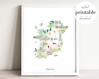 Ireland Illustrated Map Printable, wall art print, nursery decor, landmark, kids room, travel print, drawing, country map, ireland map