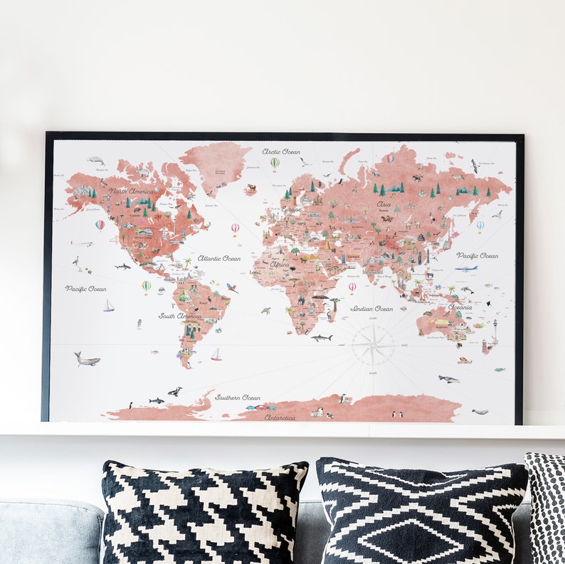 Watercolor World Map Print, Pink Nursery Decor (Digital Download) image 2