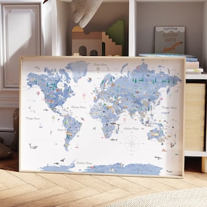 Blaue Lernweltkarte zum Ausdrucken | Kinder Weltkarte | Kinderzimmer Weltkarte Kunstdruck | Homeschooling Weltkarte | Reise Poster | Wohndekor