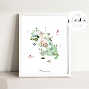 Carte illustrée de la Martinique à imprimer, impression d'art mural, décoration de chambre d'enfant, monuments, chambre d'enfant, impression de voyage, dessin, carte d'animaux, carte de pays