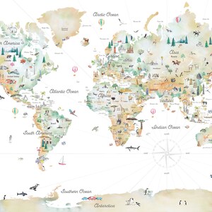 Op de afbeelding: Een aquarel wereldkaart met illustraties van dieren, bezienswaardigheden en vervoer. De kaart bevat de namen van de continenten en oceanen, waaronder Noord-Amerika, Zuid-Amerika, Europa, Azi&euml;, Afrika, Australi&euml;, Antarctica, de Noordelijke IJszee, de Atlantische Oceaan, de Indische Oceaan en de Stille Oceaan.