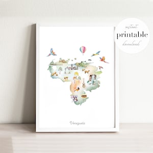 Venezuela illustrierte Karte Druckbare, Wand Kunst Druck, Kinderzimmer Dekor, Wahrzeichen, Kinderzimmer, Reise Print, Zeichnung, Tier Karte, Landkarte