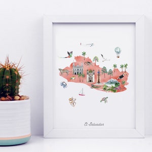 Puede incluir: Una ilustraci&oacute;n de acuarela de El Salvador, con un contorno rosa del pa&iacute;s y varios iconos que representan su cultura y naturaleza. Los iconos incluyen una iglesia, un volc&aacute;n, un tuc&aacute;n, un mono, un cangrejo, un globo aerost&aacute;tico, un avi&oacute;n y un velero. El texto "El Salvador" est&aacute; escrito en la parte inferior de la ilustraci&oacute;n.
