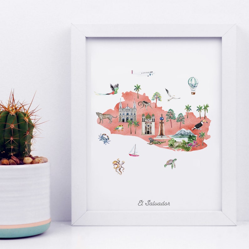 Puede incluir: Una ilustraci&oacute;n de acuarela de El Salvador, con un contorno rosa del pa&iacute;s y varios iconos que representan su cultura y naturaleza. Los iconos incluyen una iglesia, un volc&aacute;n, un tuc&aacute;n, un mono, un cangrejo, un globo aerost&aacute;tico, un avi&oacute;n y un velero. El texto "El Salvador" est&aacute; escrito en la parte inferior de la ilustraci&oacute;n.