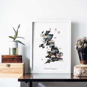 Großbritanien Illustrierte Karte Kunstdruck, Aquarell Karte fürs Kinderzimmer, Landkarte Poster für Kinderzimmer, Kinderzimmer Dekoration, Reisekarte, Kartendruck