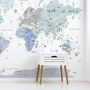 Coole Töne Lernweltkarte Wandtattoo | Verspielt Kinderzimmer Dekor | Kids Travel Map | Kinder Weltkarte | Wallpaper Karte | Selbstklebende Wanddeko
